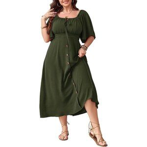 Plus Size Summer Dress Short Sleeve Square Neck Tie Front Boho Maxi